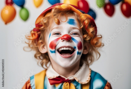Laughing portrait of a children in clown makeup  isolated white background  copy space for text 