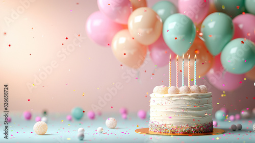 birthday cake with pastel colored tiers decorated with party balloons with space for text   card 