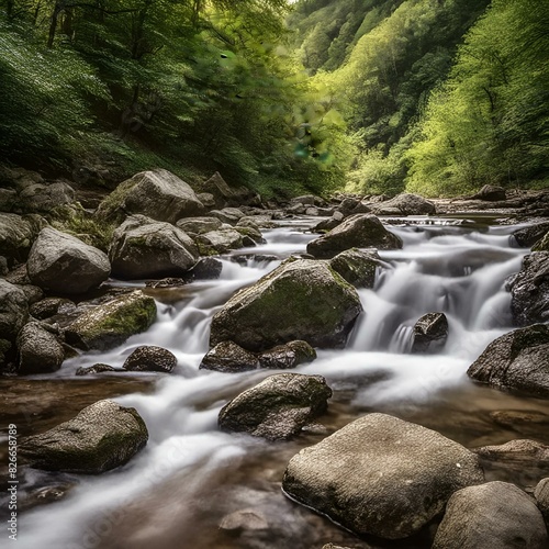 AI generated illustration of a rock formation in water with lush green forest backdrop