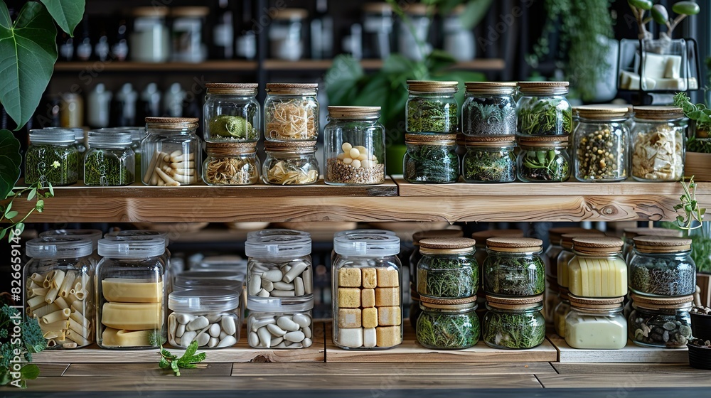 A range of eco-friendly packaging options, such as biodegradable paper boxes and reusable glass jars. These items emphasize sustainable materials and designs. A range of eco-friendly packaging options, such as biodegradable paper boxes and reusable glass jars. These items emphasize sustainable materials and designs.