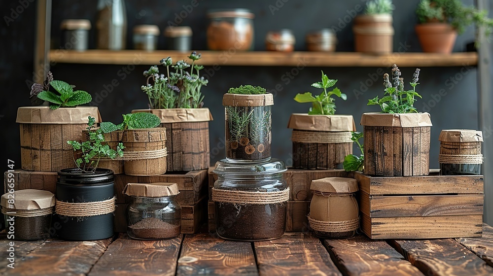 A range of eco-friendly packaging options, such as biodegradable paper boxes and reusable glass jars. These items emphasize sustainable materials and designs. A range of eco-friendly packaging options, such as biodegradable paper boxes and reusable glass jars. These items emphasize sustainable materials and designs.