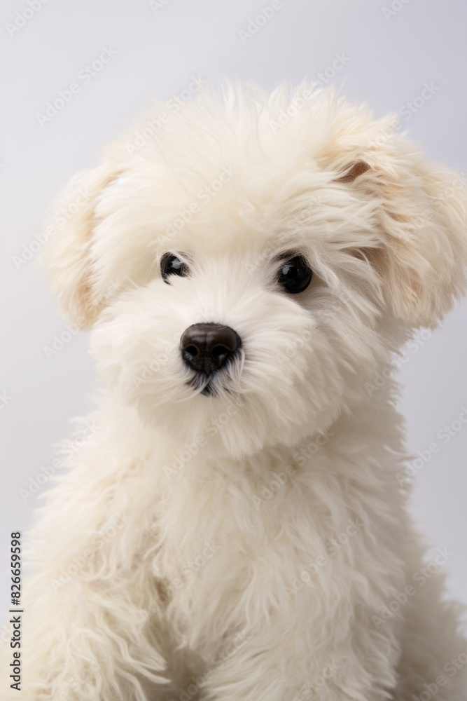 A white dog with a black nose and brown eyes is sitting on a white surface A white dog with a black nose and brown eyes is sitting on a white surface