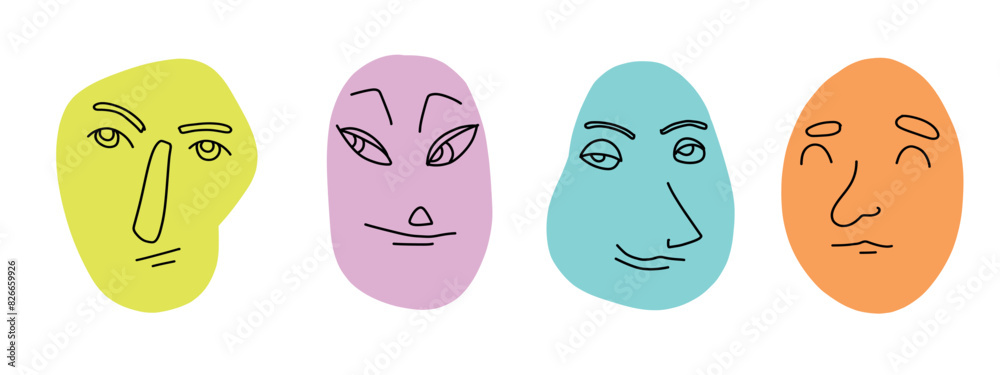 Obraz premium Colorful abstract faces, minimalistic line art, vibrant expressions, modern illustration, playful design.