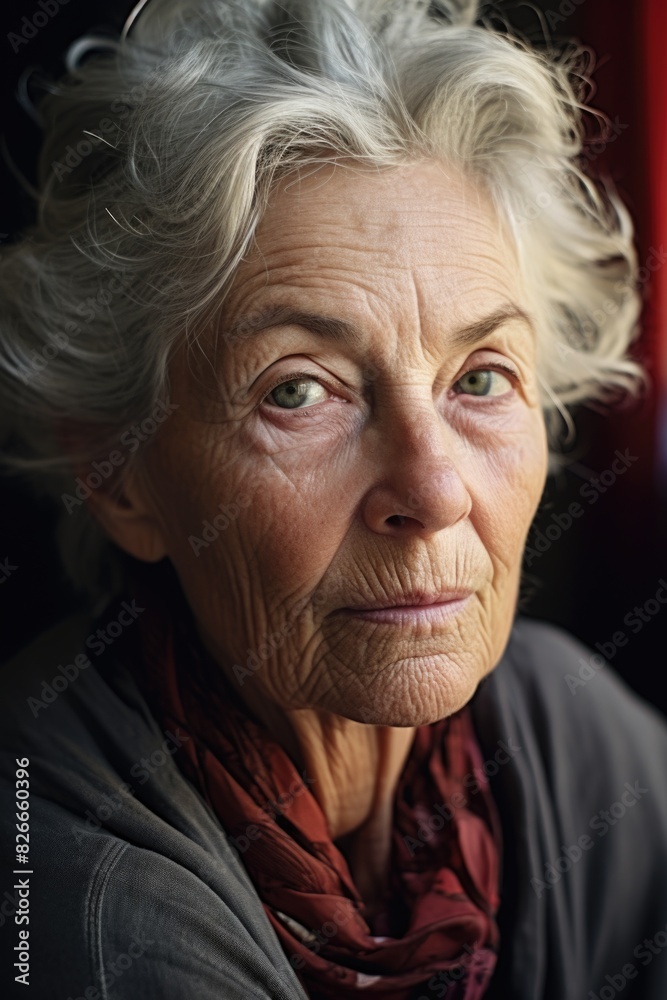 A woman with a scarf around her neck and a green eye A woman with a scarf around her neck and a green eye