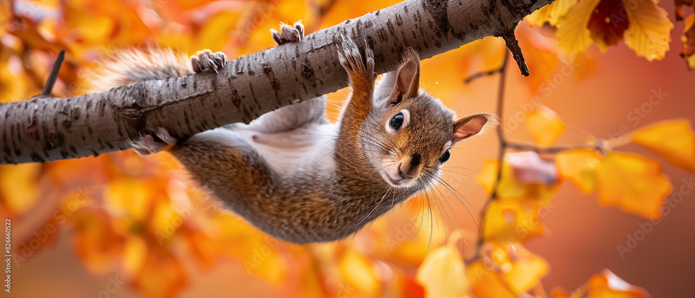A playful squirrel hanging upside down from a tree branch, vibrant autumn colors, high-detail, capturing its agile and playful nature.Highly detailed photography A playful squirrel hanging upside down from a tree branch, vibrant autumn colors, high-detail, capturing its agile and playful nature.Highly detailed photography