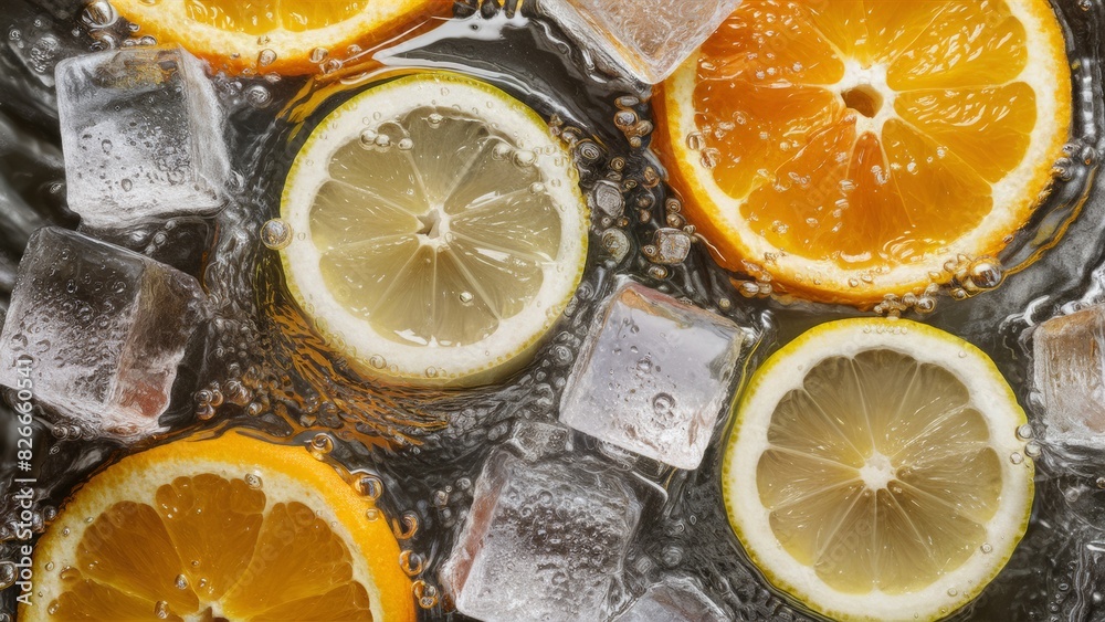 Promotional photo. Slices of orange and lemon in soda with transparent ice cubes. Promotional photo. Slices of orange and lemon in soda with transparent ice cubes.