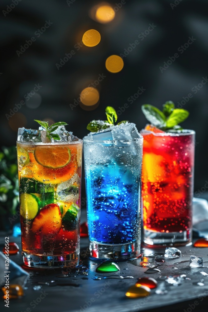 Three colorful drinks with ice cubes in them are on a table Three colorful drinks with ice cubes in them are on a table