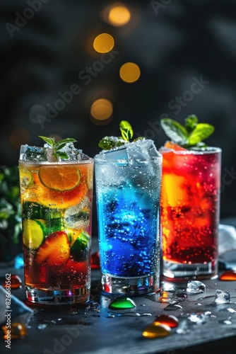 Three colorful drinks with ice cubes in them are on a table