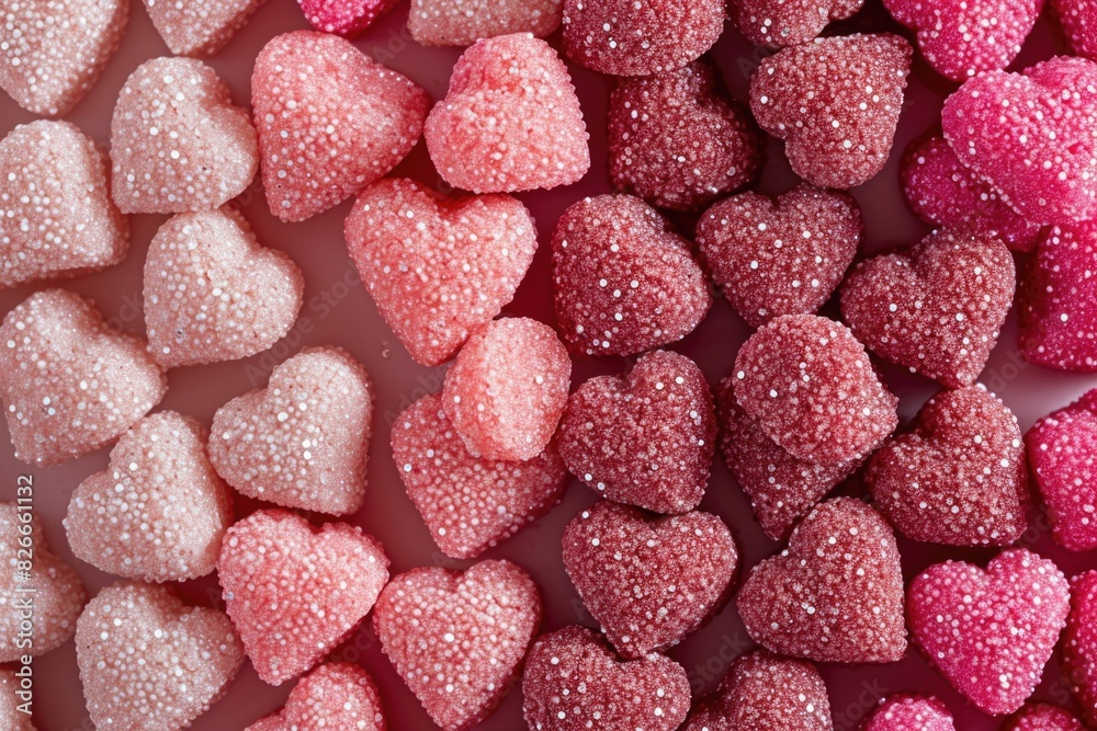 A close up of pink hearts with white sprinkles on them A close up of pink hearts with white sprinkles on them
