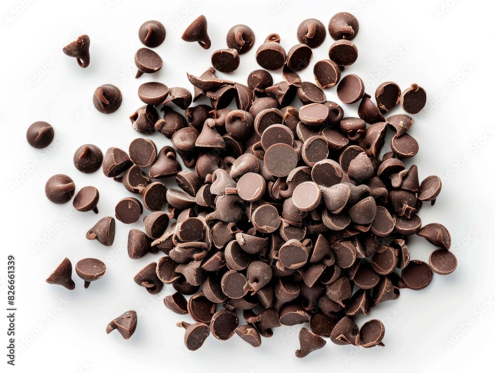 A pile of chocolate chips on a white background A pile of chocolate chips on a white background