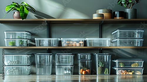 Mockups of clear plastic storage containers, ideal for organizing household items. The containers come in various sizes and shapes, with different types of lids. photo