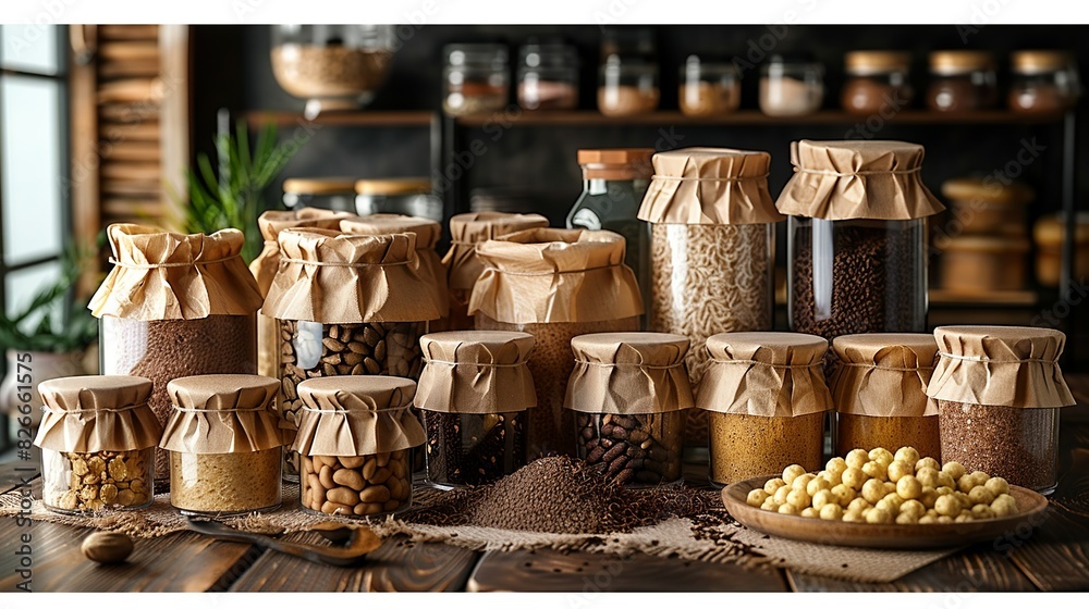 Mockups of packaging for baking mixes, such as paper bags and plastic tubs. The packaging is designed to look homemade and rustic. Mockups of packaging for baking mixes, such as paper bags and plastic tubs. The packaging is designed to look homemade and rustic.