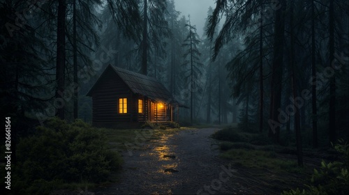 Cozy cabin lit up in foggy forest at night