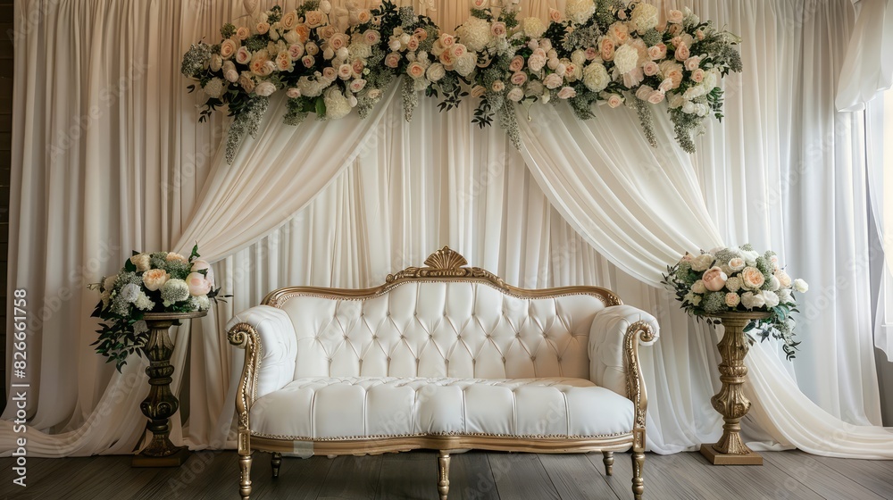 A white couch is placed in front of a white curtain A white couch is placed in front of a white curtain