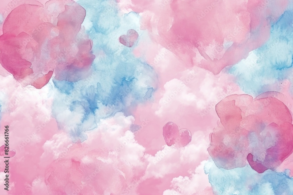 A watercolor painting of pink and blue clouds with hearts in the middle A watercolor painting of pink and blue clouds with hearts in the middle