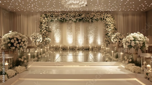 A wedding reception hall with a white theme