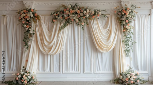 A white curtain with flowers and greenery hanging from it