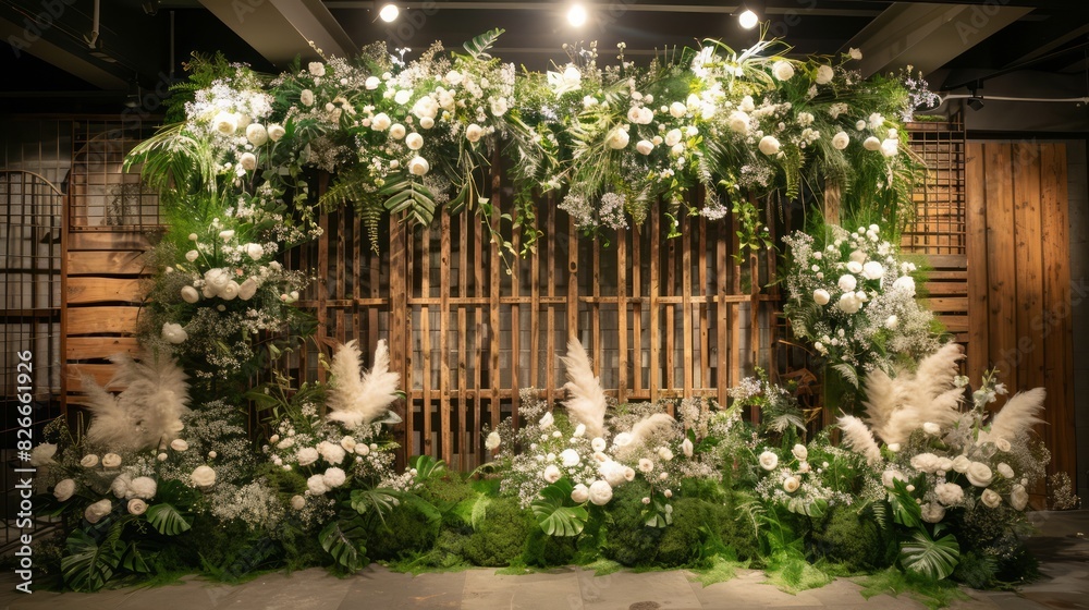 Naklejka premium A large floral arrangement with white flowers and green foliage