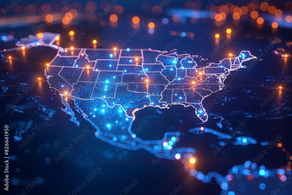 Fototapeta premium Digital map of america network connectivity created with generative ai