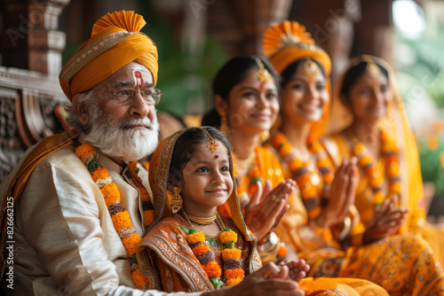 Family dressed in traditional Indian attire  smiling during a celebration. Independence Day of India.