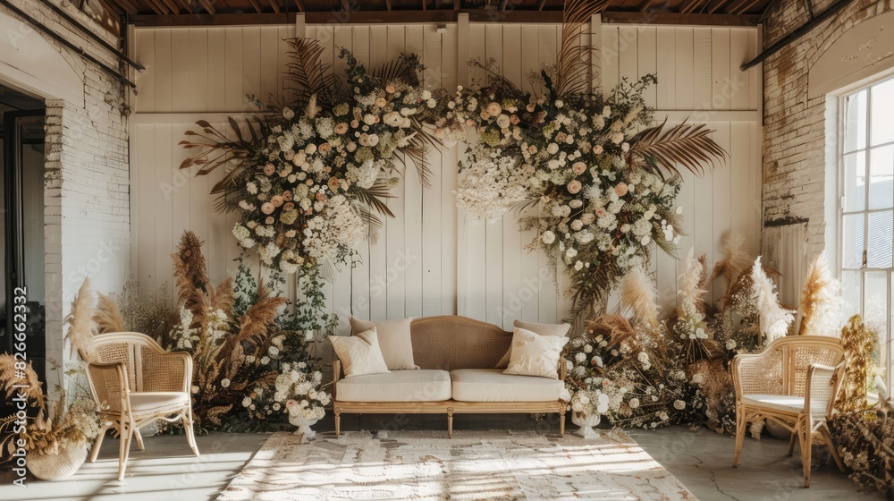 Fototapeta premium A room with a white wall and a floral archway