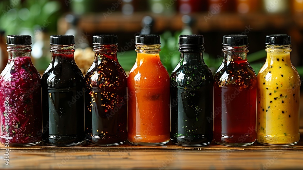 Plastic squeeze bottles, commonly used for condiments and sauces. Each bottle features a different cap design, such as flip-tops and twist-tops.