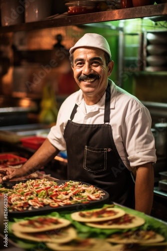 A man in a chef's hat stands in front of a table full of food, smiling. Scene is cheerful and inviting, as the man is proud of his culinary creations
