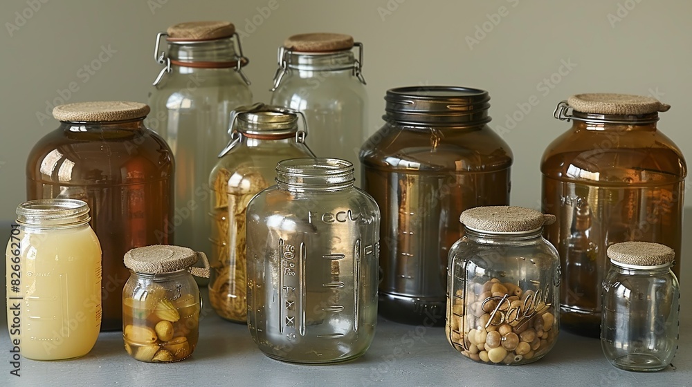 Various shapes and sizes of mason jars, including wide-mouth and regular-mouth options. The jars are empty, with some featuring screw-top lids and others with clip-on closures. Various shapes and sizes of mason jars, including wide-mouth and regular-mouth options. The jars are empty, with some featuring screw-top lids and others with clip-on closures.
