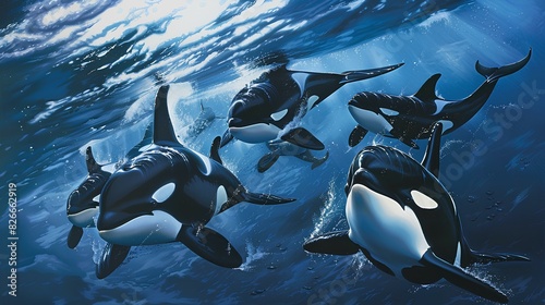 A playful pod of orcas surfacing in unison  their sleek black and white bodies contrasting against the deep blue sea.
