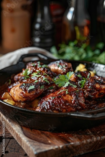 A pan of chicken is sitting on a wooden cutting board. The chicken is covered in a sauce and garnished with parsley