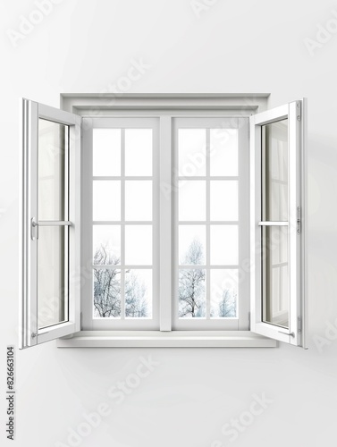 A window with two panes of glass and a white frame. The window is open and the view outside is of a snowy landscape