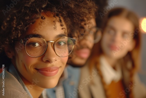 A woman with curly hair and glasses is smiling at the camera. She is surrounded by two other people, one of whom is wearing glasses. Concept of warmth and friendliness