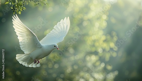 Majestic Dove Flying Through Sunlit Forest
