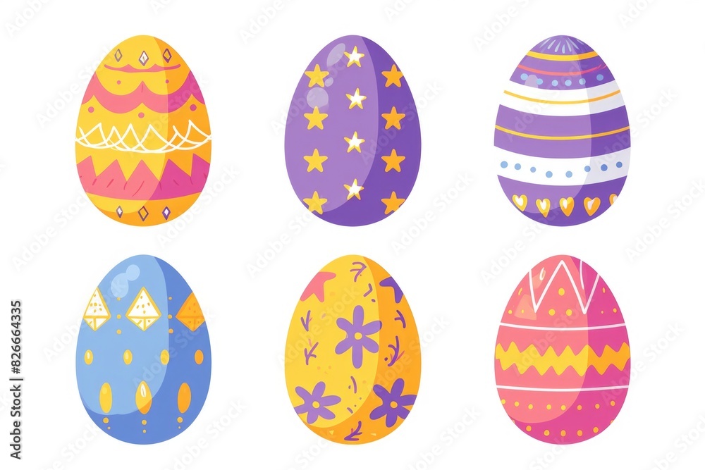 A set of six colorful eggs with different designs and patterns. The eggs are arranged in a row and are all different sizes