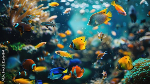 A colorful fish tank with many different types of fish swimming around. The fish are of various sizes and colors, creating a vibrant and lively scene