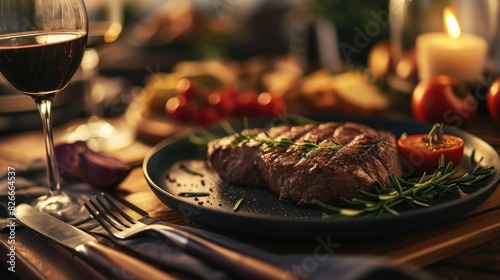 A plate of meat with herbs and tomatoes sits on a wooden table next to a wine glass. The wine glass is half full and the table is set for a meal