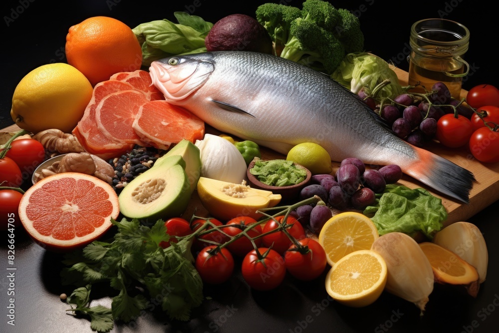 A variety of fruits and vegetables are displayed on a wooden cutting board. Concept of abundance and health, as it showcases a diverse selection of fresh produce. The arrangement of the fruits A variety of fruits and vegetables are displayed on a wooden cutting board. Concept of abundance and health, as it showcases a diverse selection of fresh produce. The arrangement of the fruits