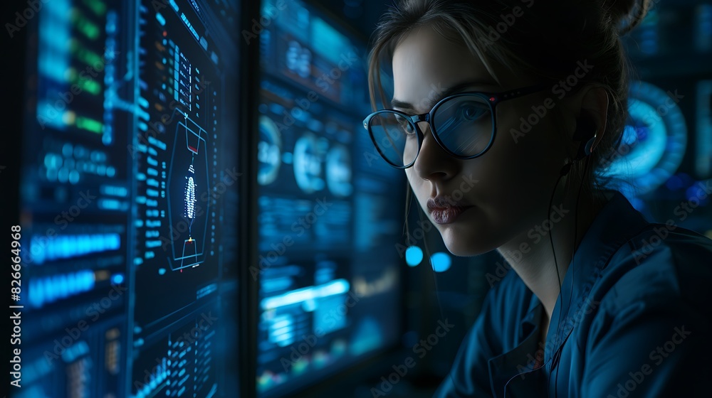 Young female programmer analyzing data on multiple computer screens. Young female programmer analyzing data on multiple computer screens.