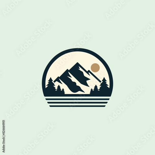 mountain logo landscape with rocks at sunrise, Sea and Sun for Hipster Adventure Traveling logo