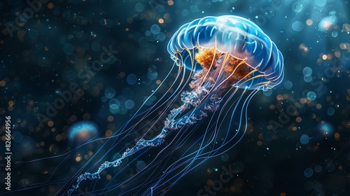 A shimmering jellyfish pulsating with otherworldly bioluminescence, casting an ethereal glow in the dark depths.