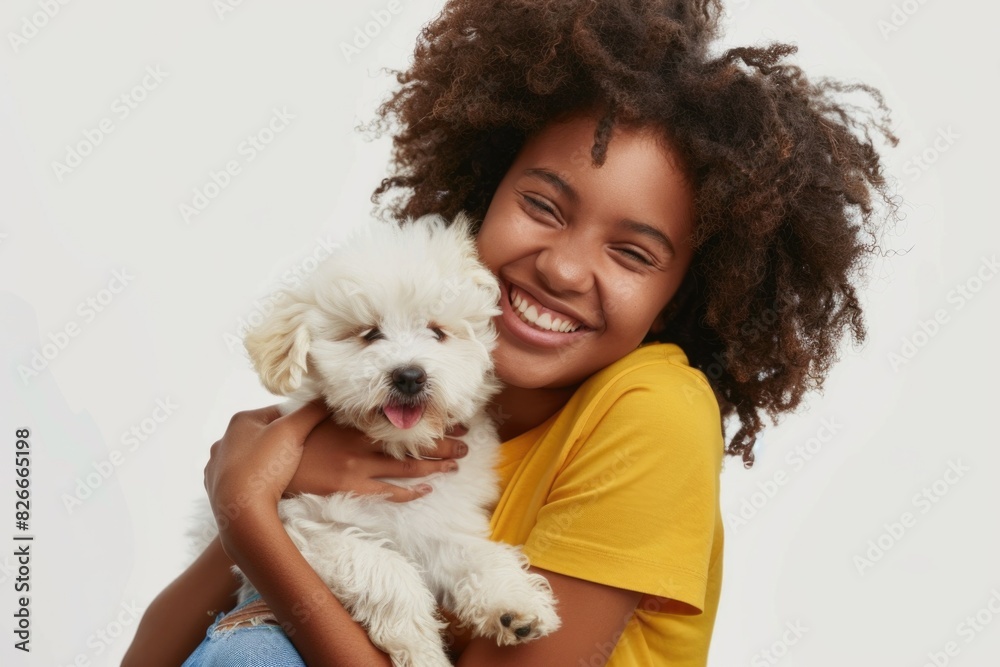 A young woman is holding a white dog and smiling. Concept of happiness and warmth, as the woman and her dog share a close bond A young woman is holding a white dog and smiling. Concept of happiness and warmth, as the woman and her dog share a close bond