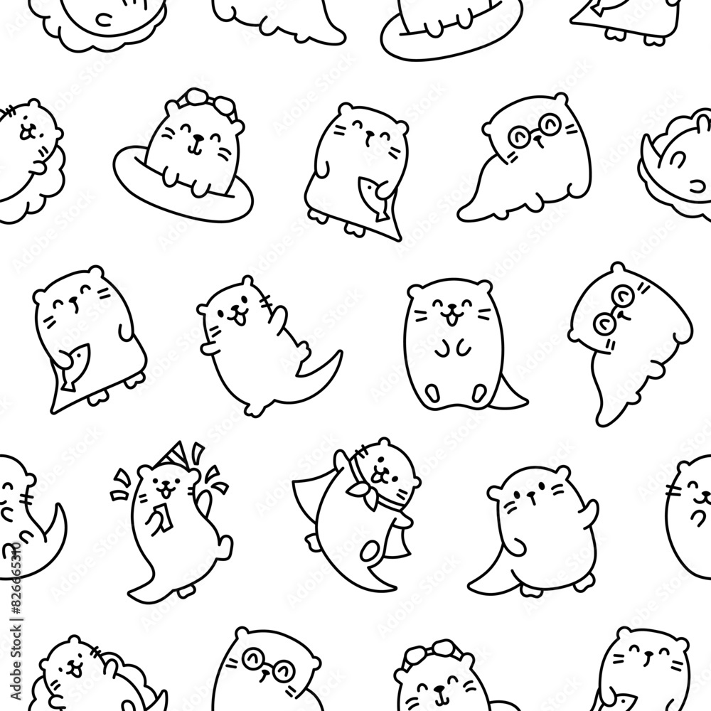 Cute cartoon kawaii otter. Seamless pattern. Coloring Page. Animal funny characters. Hand drawn style. Vector drawing. Design ornaments. Cute cartoon kawaii otter. Seamless pattern. Coloring Page. Animal funny characters. Hand drawn style. Vector drawing. Design ornaments.