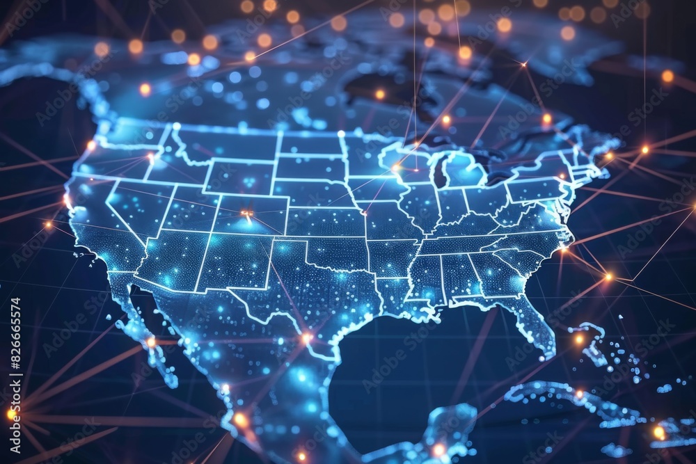 Digital map of america network connectivity created with generative ai Digital map of america network connectivity created with generative ai