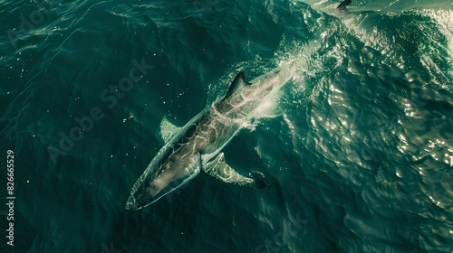 A sleek and powerful great white shark cruising effortlessly through the water, its dorsal fin slicing the surface with ominous grace. © PZ Studio