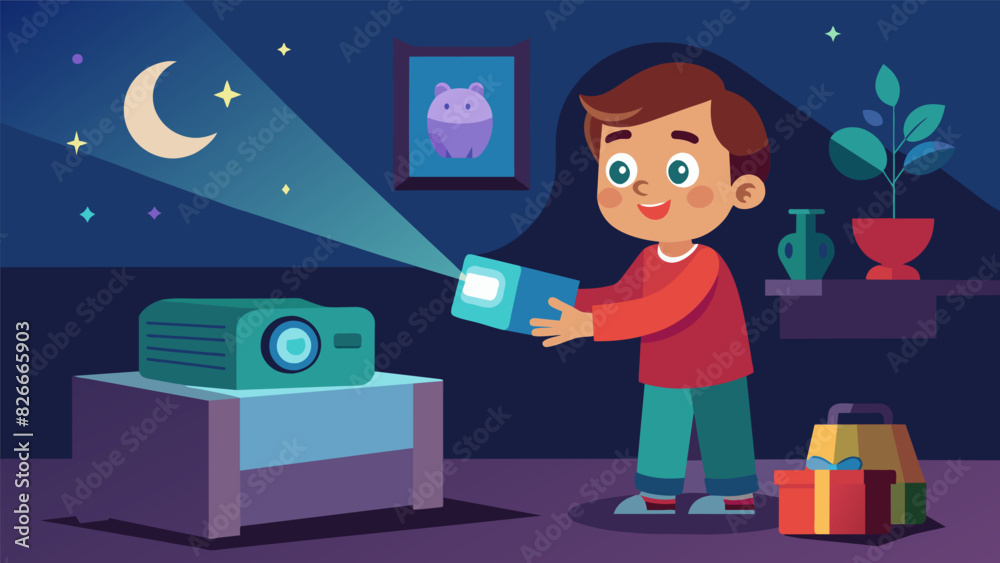As the child removes a compact projector from its box they imagine the endless possibilities of projecting movies and games onto their bedroom wall.. Vector illustration As the child removes a compact projector from its box they imagine the endless possibilities of projecting movies and games onto their bedroom wall.. Vector illustration