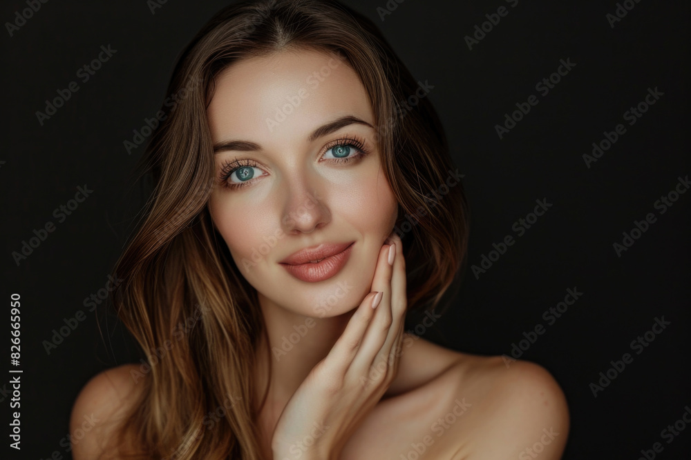 Fototapeta premium A woman with long brown hair and blue eyes is smiling and touching her face. The image has a warm and friendly mood, and it seems to be a portrait of a young woman