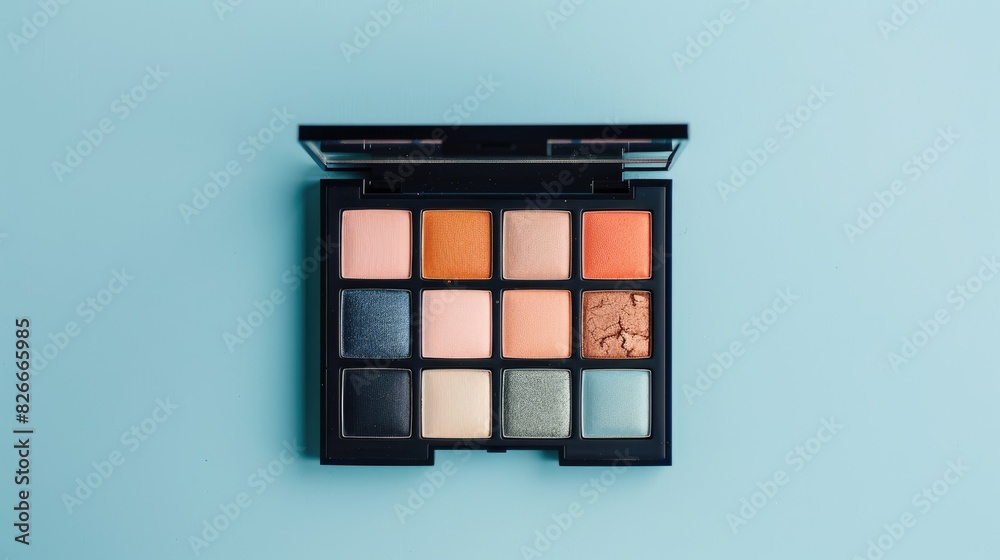 Makeup palette with 18 shades of eyeshadow on a light blue background Makeup palette with 18 shades of eyeshadow on a light blue background