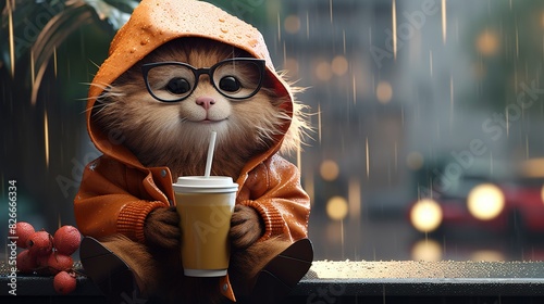 A photo of a 3D character enjoying a rainy day
