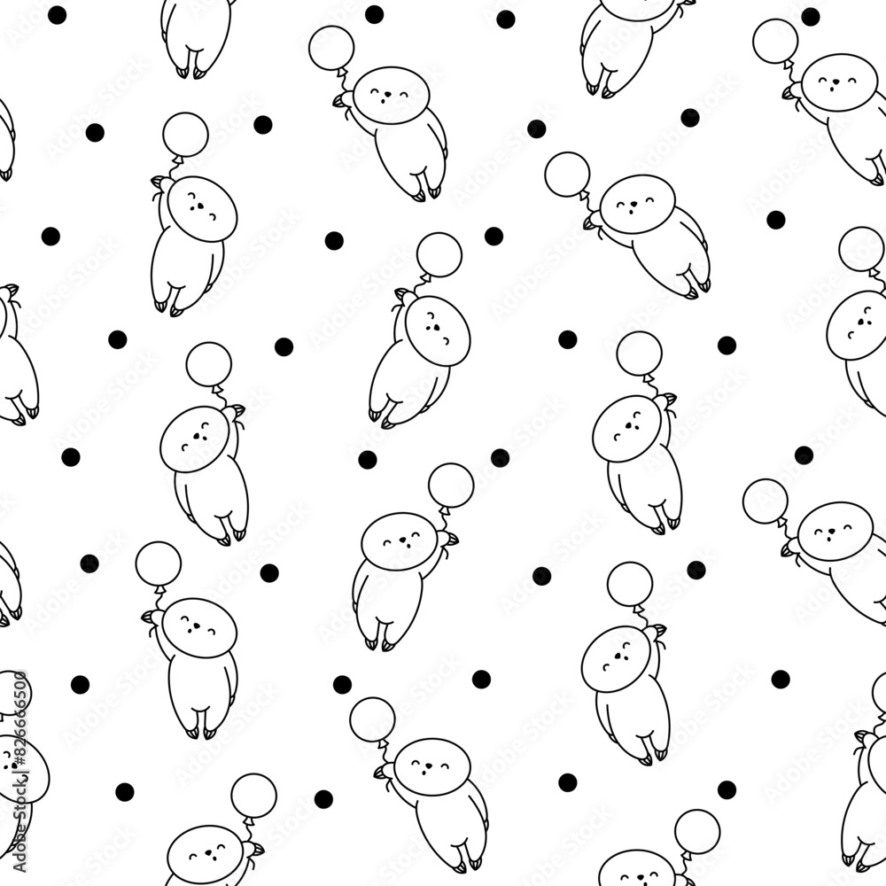 Cute kawaii baby sloth. Seamless pattern. Coloring Page. Cartoon funny animal character. Hand drawn style. Vector drawing. Design ornaments.