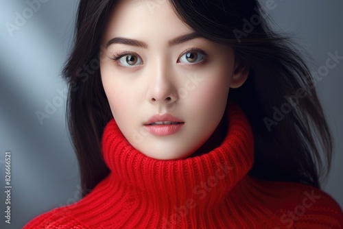 A woman in a red sweater with her eyes closed. The sweater is red and has a lot of texture